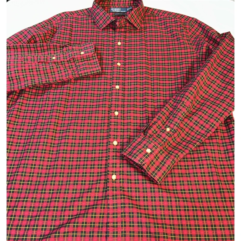 Ralph Lauren Shirt‎ Men Red Black Plaid Button Up Long Sleeve Polo Logo Sz XXL